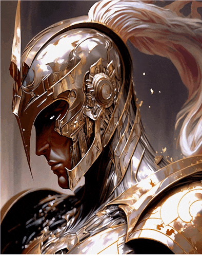 a close up of a knight 's helmet with a long mane