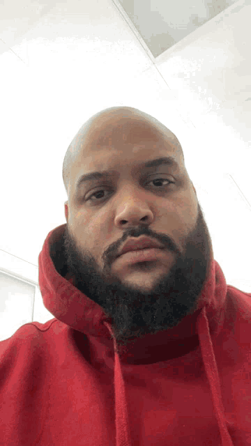 a man with a beard wearing a red hoodie looks at the camera