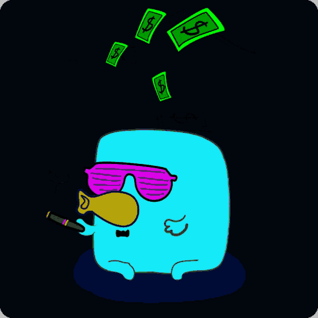 a cartoon character is smoking a cigar with dollar bills flying around him