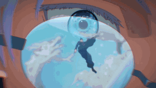 a close up of a person 's eye with a hand reaching out