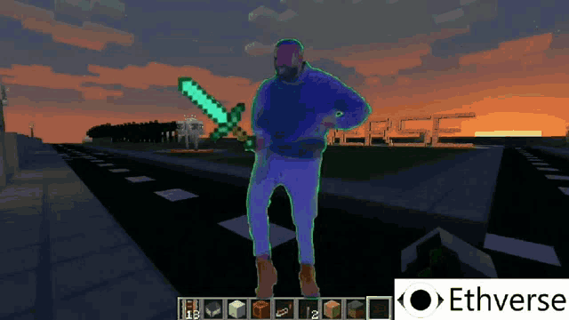 a man in a blue sweater is holding a diamond sword in a video game called etherverse