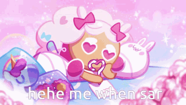 a cookie with hearts in her eyes is holding a heart shaped lollipop with the words " he he me when sar " below it