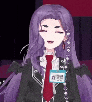 a girl with purple hair and a red tie is wearing a badge and smiling .
