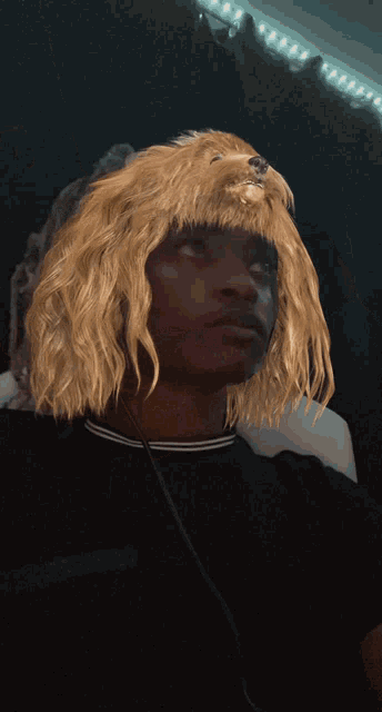 a man wearing a wig with a dog 's face on it