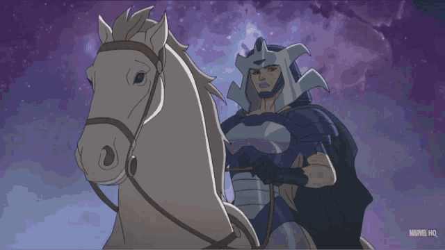 a cartoon of a man riding a horse with marvel hq written on the bottom right