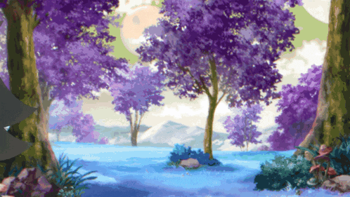 a painting of purple trees in a forest