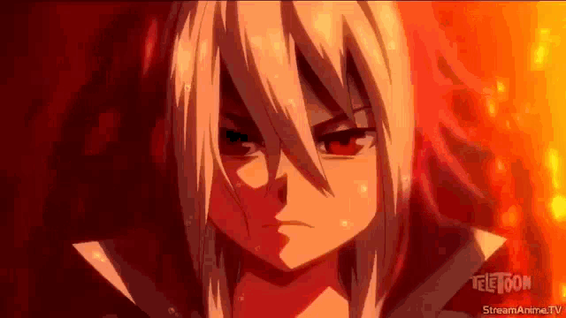a close up of a anime character with white hair and red eyes standing in front of a fire .