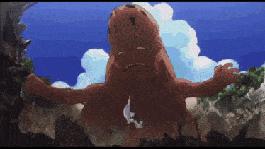 a cartoon drawing of a monster with a blue sky and clouds behind it
