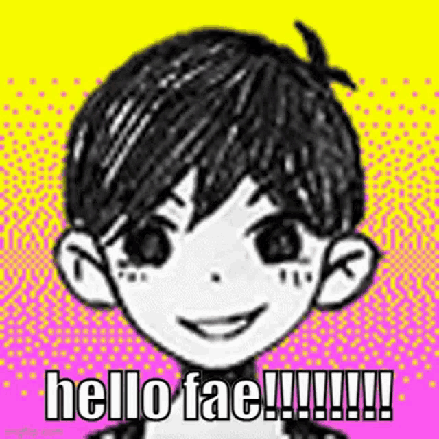 a black and white drawing of a boy with a yellow background and the words `` hello fae '' written on it .