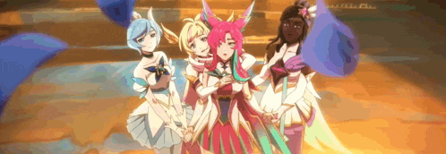a group of four anime girls are standing next to each other in a room .