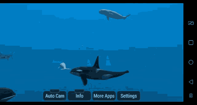 a screenshot of a whale swimming in the ocean with the options for auto cam info and more apps visible