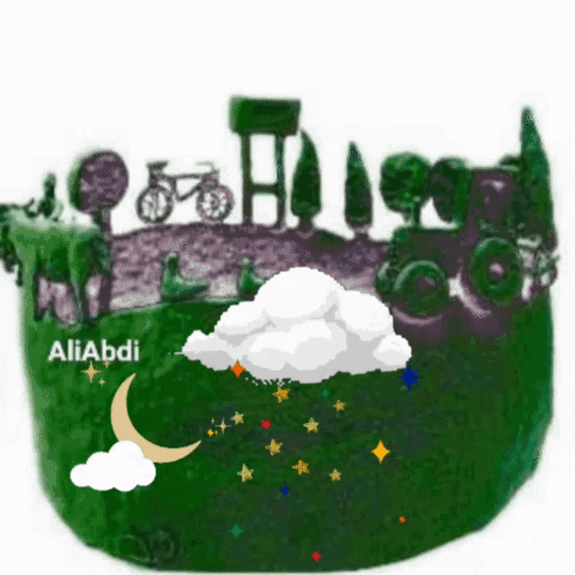 a drawing of a cloud and a crescent moon with the name aliabdi on it