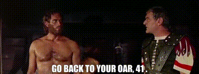 two shirtless men are standing next to each other and one of them is saying go back to your oar 41