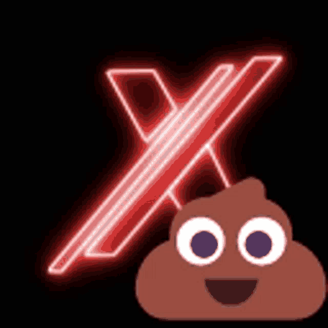 a glowing red letter x next to a poop emoji