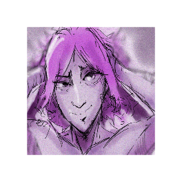 a drawing of a girl with purple hair laying on a bed