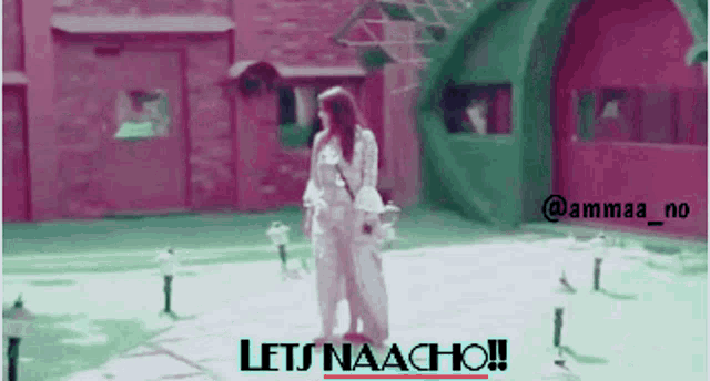a woman in a white dress is standing in front of a building with the words lets naacho