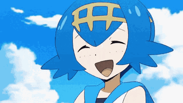 a cartoon character with blue hair is smiling and looking at the camera .