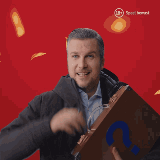 a man holds a briefcase in front of a red background that says speel bewust on it
