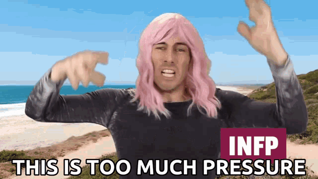 a man in a pink wig says " this is too much pressure " while standing on a beach