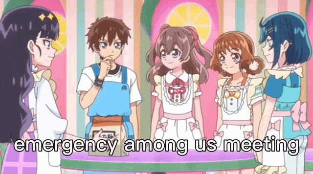 a group of anime characters standing next to each other with the words " emergency among us meeting " on the bottom