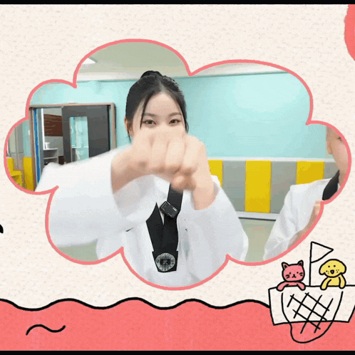 a girl in a white uniform with a black belt that says taekwondo
