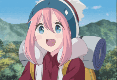 a girl with pink hair and blue eyes is wearing a hat and a backpack