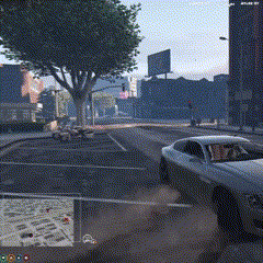 a car is driving down a city street with a map in the background