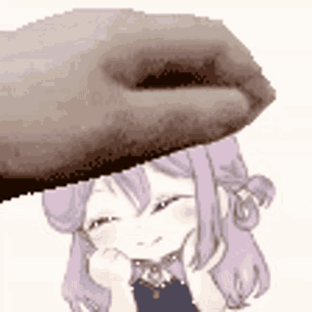 a pixel art of a girl with purple hair and a hand reaching out towards her .