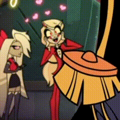 a couple of cartoon characters are standing next to each other in a room .