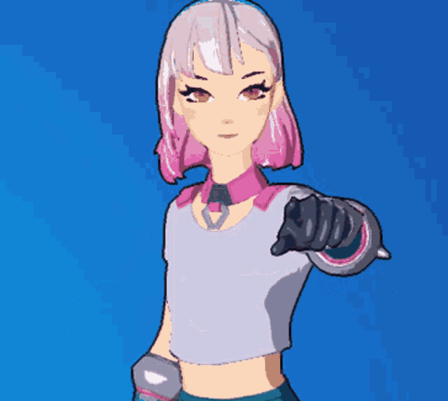 a girl with pink hair and a crop top is pointing at the camera