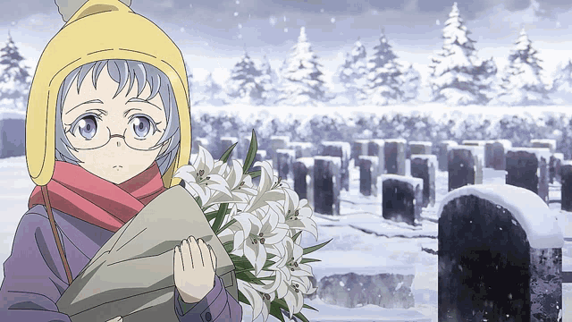 a girl in a yellow hat and scarf is holding flowers in front of a cemetery