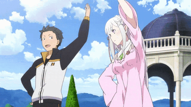 a girl in a pink dress is giving a high five to a man in a white jacket