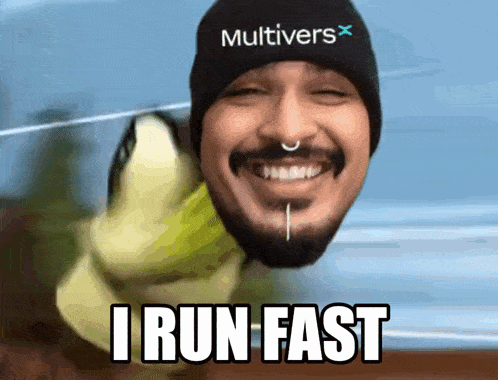 a man wearing a hat that says multivers on it is smiling and saying i run fast