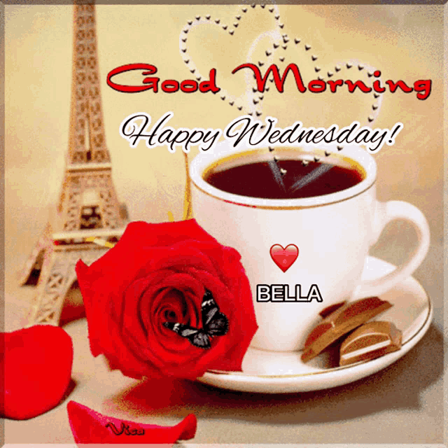 a card that says good morning happy wednesday with a cup of coffee and a rose