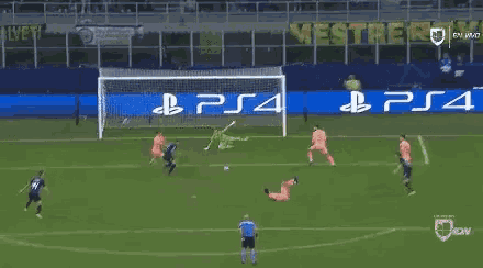 a soccer game is being played on a field with a ps4 advertisement in the background