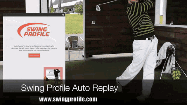 a man swings a golf club in front of a screen that says swing profile auto replay