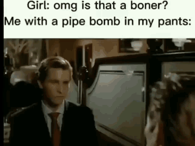 a man in a suit and tie is talking to a woman who is holding a pipe bomb in her pants .