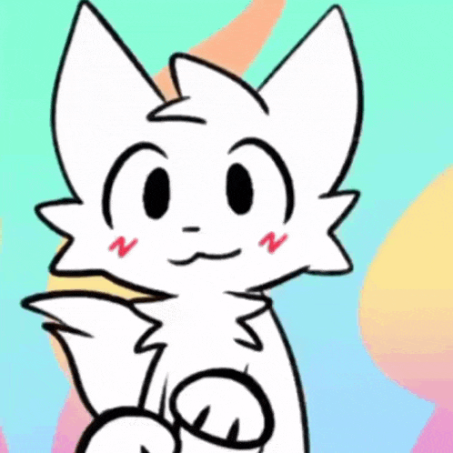 a cartoon drawing of a white cat with a red tongue and a rainbow background .
