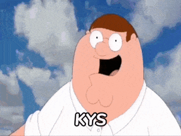peter griffin from family guy says kys in front of a cloudy blue sky
