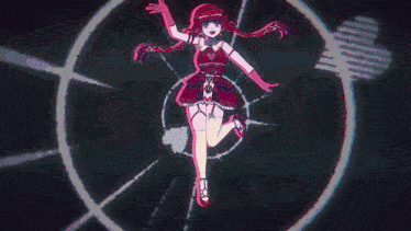a woman in a red dress is surrounded by a rainbow of lights
