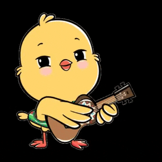 a cartoon chicken is holding a guitar and wearing a hula hoop .