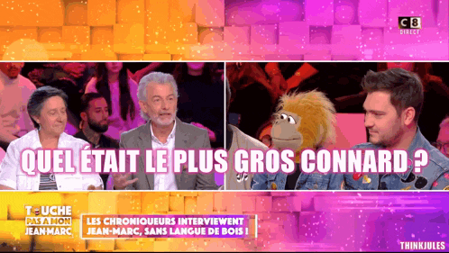 a television screen shows a man talking to a puppet and the words " quel était le plus gros connard "