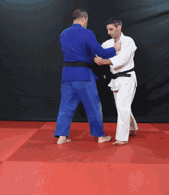 a man in a blue kimono holds another man 's arm