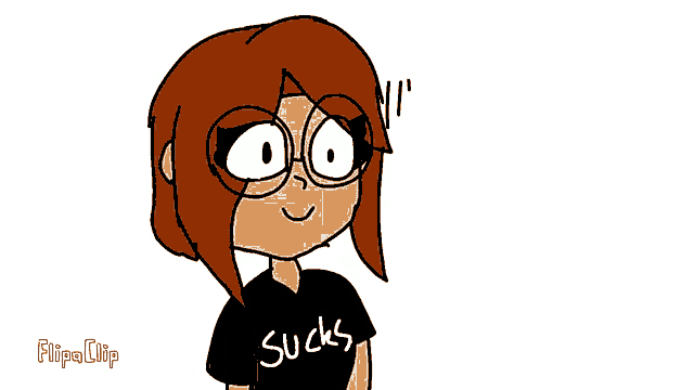 a cartoon girl wearing glasses and a black shirt that says sucks