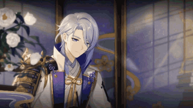 a cartoon character with long white hair and a purple jacket