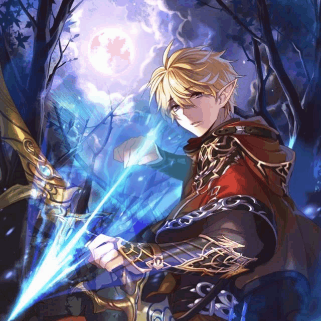 a man in a red hood is holding a sword in front of a full moon