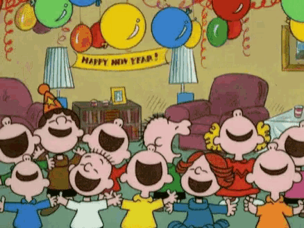 a group of peanuts characters are celebrating new year 's eve in a living room