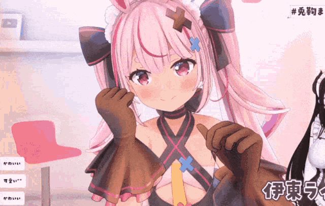 a girl with pink hair and a cross on her head