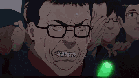 a cartoon of a man with glasses and a green light behind him