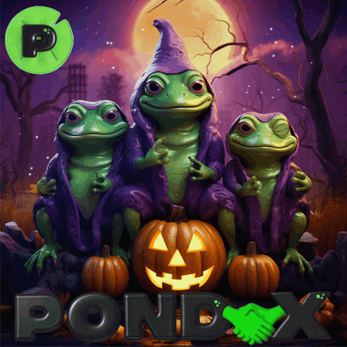 three frogs in witch costumes are sitting next to pumpkins with the word pondx written below them